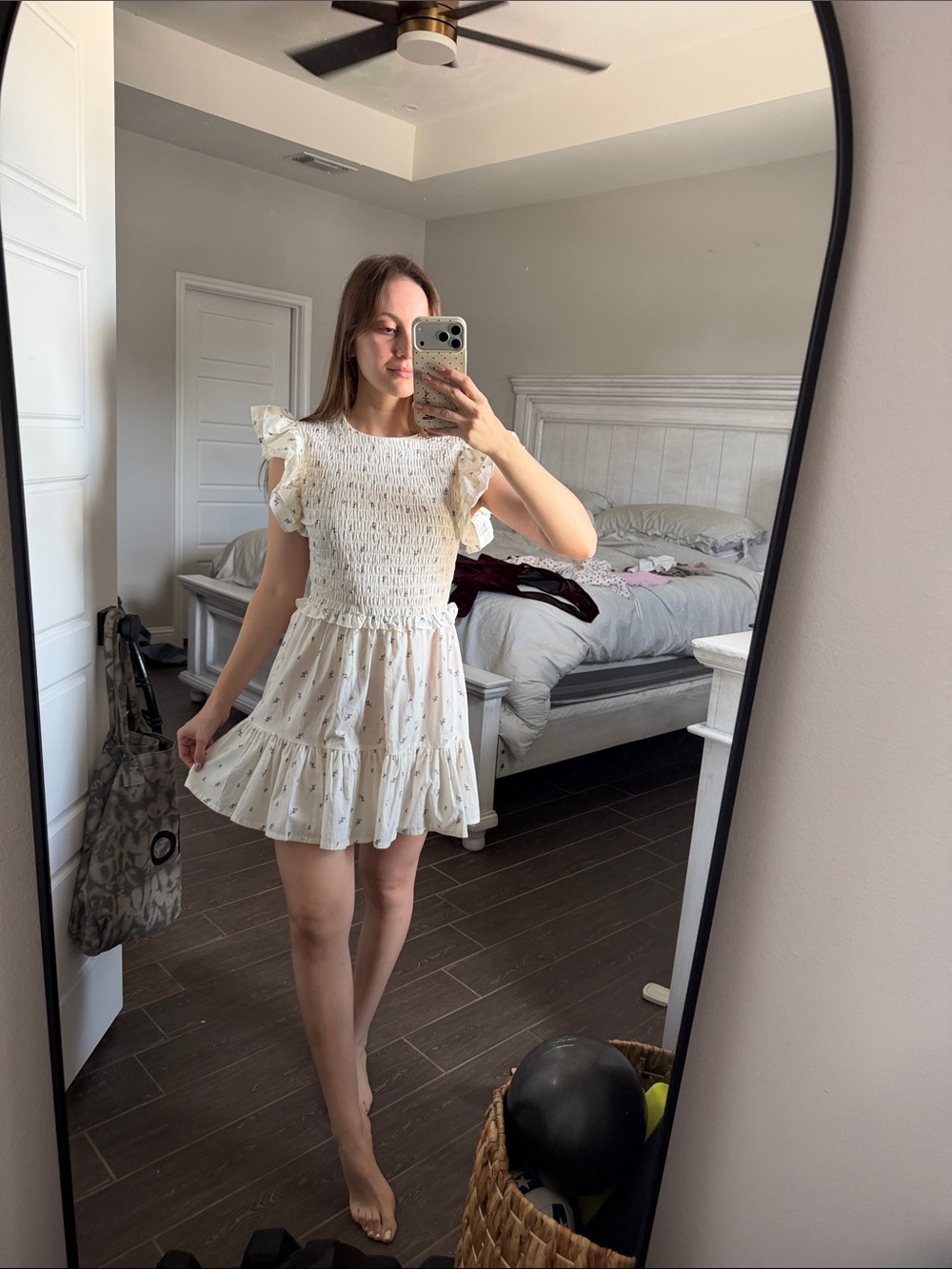 H&M Cream Smocked Ruffle Mini Dress